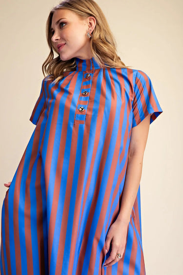 Poppy High Neck Stripe Midi Dress - Royal