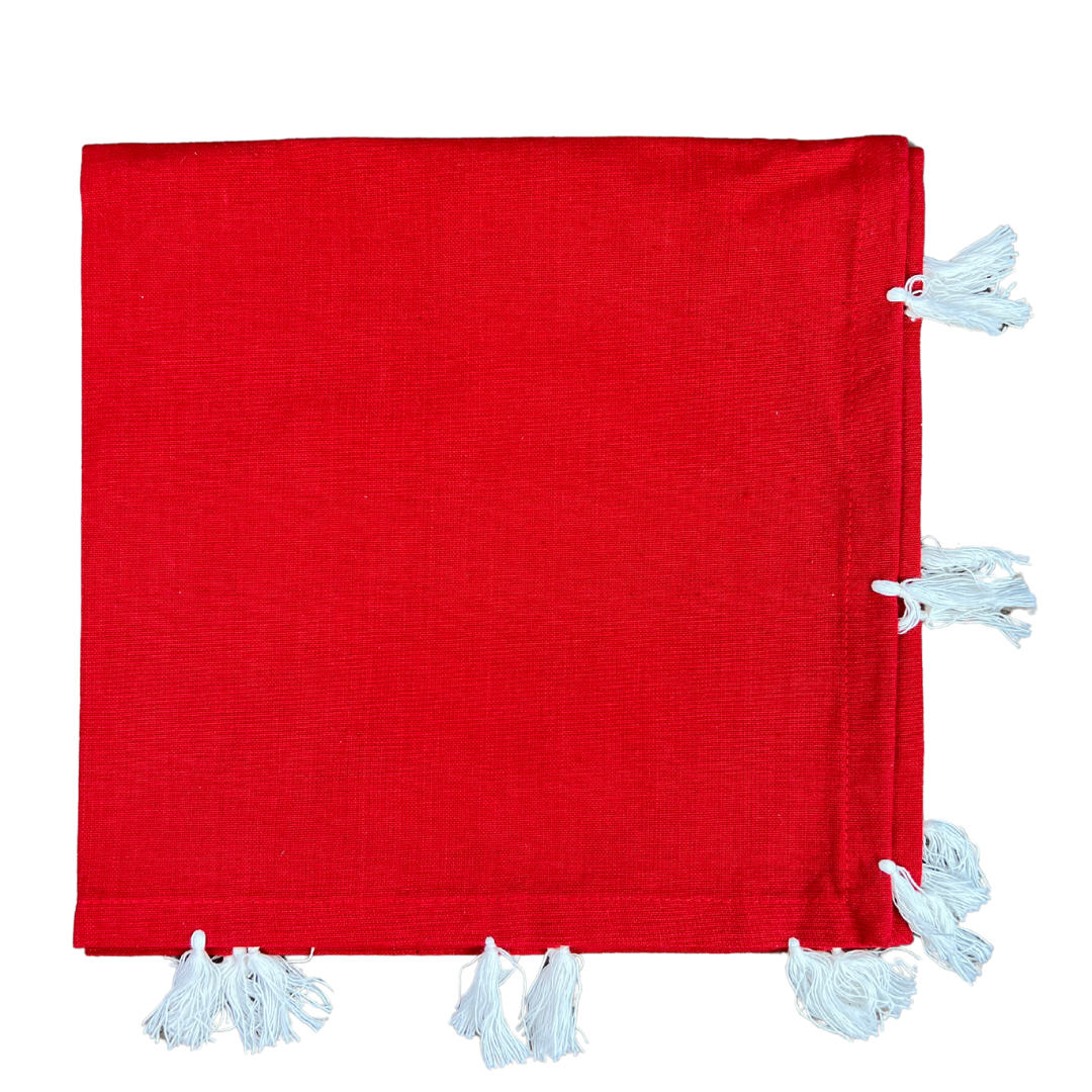 Red Napkin with White Tassels set/4