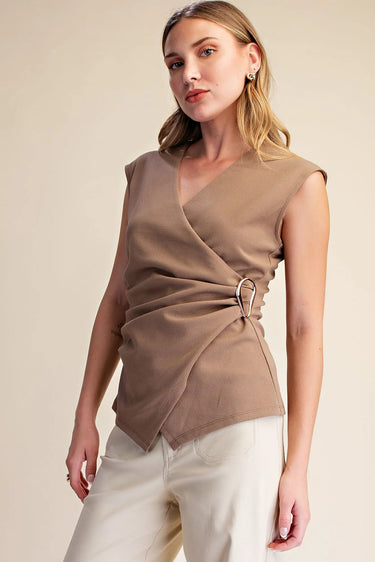 Aubrielle Wrap Top with Metal Trim V-Neck