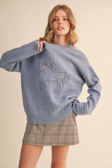 HORSE EMBROIDERY PULLOVER SWEATER