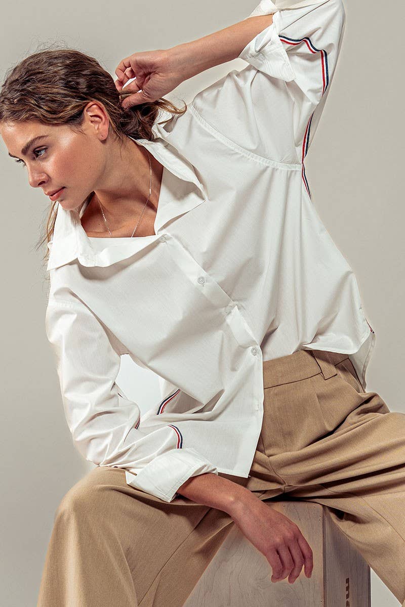 Leona Button Down Oversized Shirt with Twill Tape Stripe