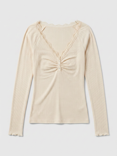 Carrie Lace Trim Ribbed Knit Henley Top