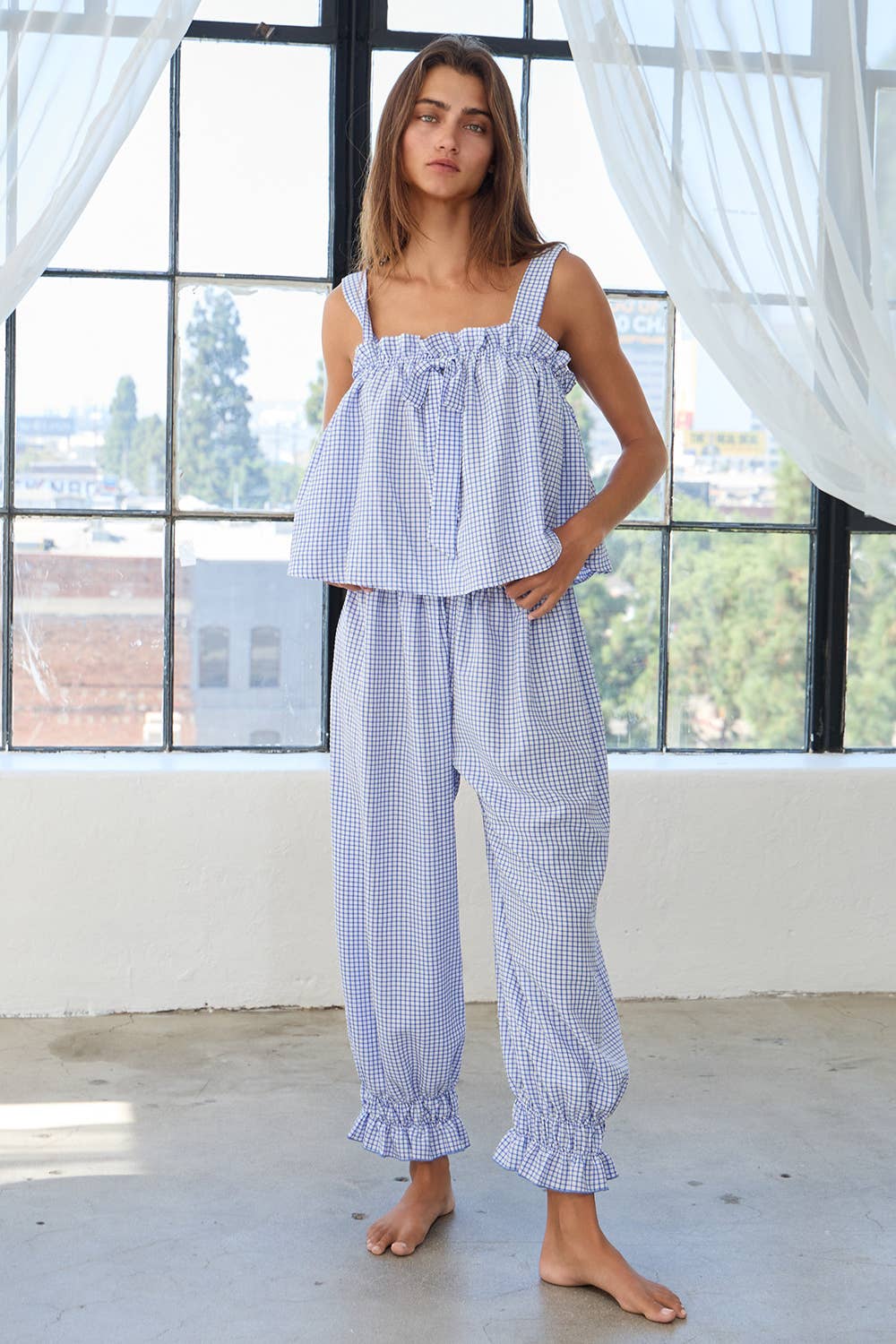 Millie Check Print Ruffled Pajama Tank Top & Pants Sets