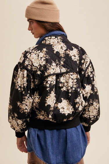 Floral Print Pleated Bomber Jacket