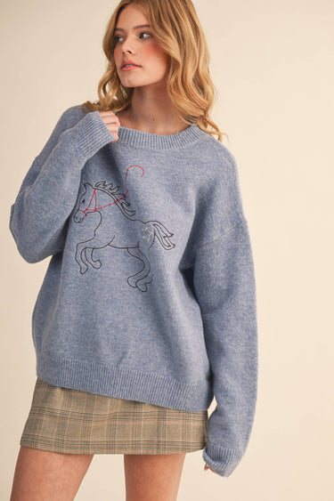 HORSE EMBROIDERY PULLOVER SWEATER