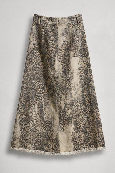 Kaley Washed Leopard Print Denim Maxi Skirt