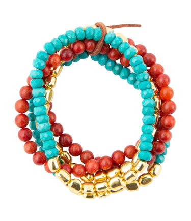 Mesa Blue Magnesite and Red Coral Golden Bracelet Set