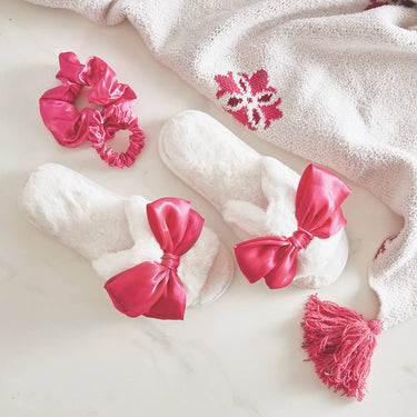 Hot Pink Bow on White Plush Slippers