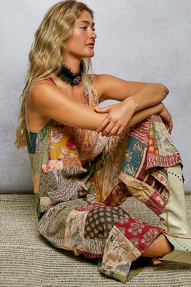 V-neck Sleeveless Varied Patchwork Dual Patch Pocket Overall (each piece unique)