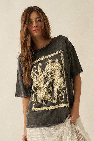 Tigers and Stars Vintage-Wash Oversized Graphic Tee
