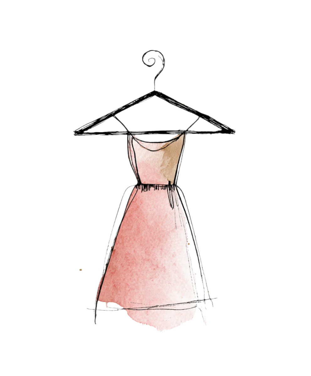 Illustration of a pink dress on a hanger with a white background