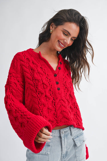 Janie Cropped Henley Knit Sweater