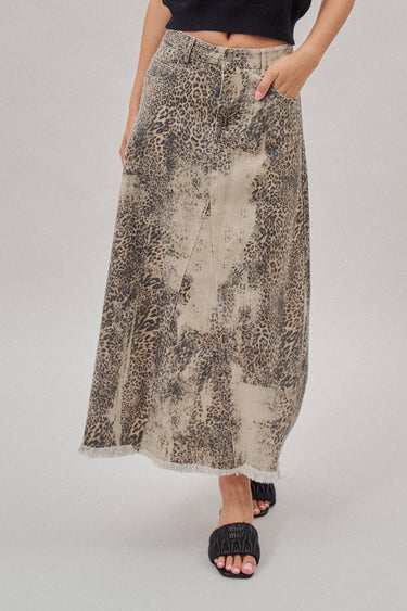 Kaley Washed Leopard Print Denim Maxi Skirt