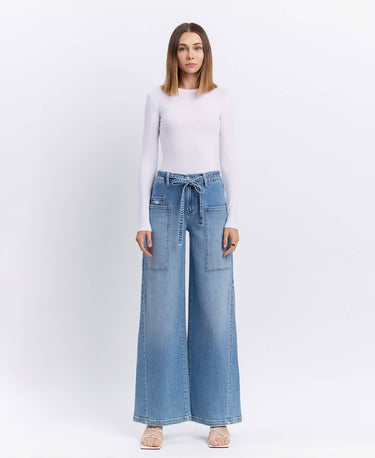 CARMEN HIGH RISE ELASTIC TIE WAISTBAND BAGGY WIDE JEANS
