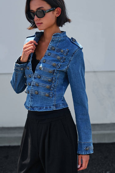 Military Double-Button Denim Jean Jacket