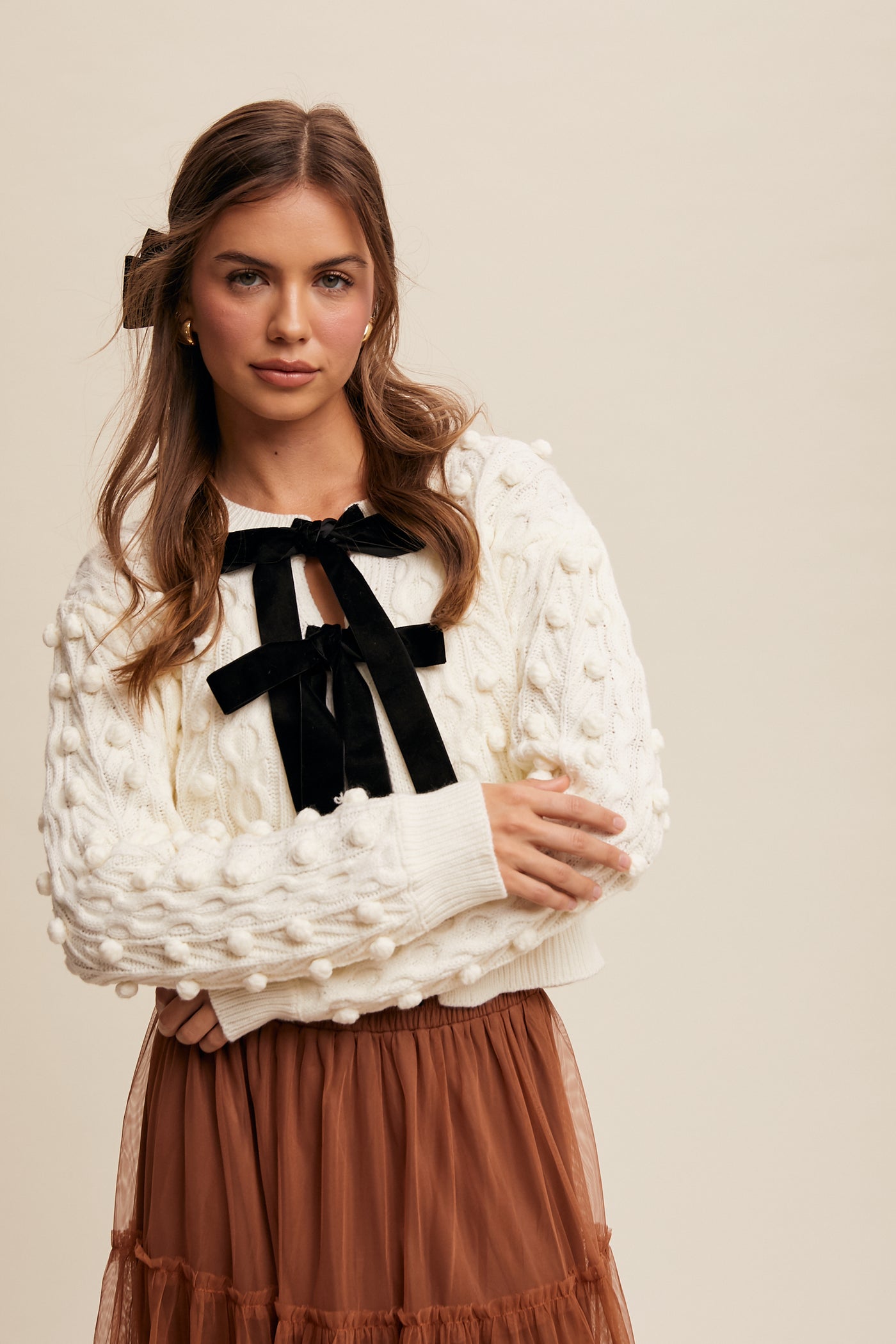 Harlow Bow Tie Closure Cable Knit Cardigan