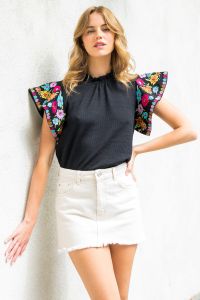 Camilla Embroidered Flutter Sleeve Top