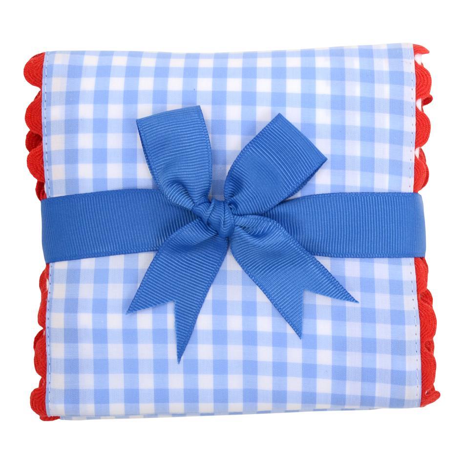 Fancy Light Blue Gingham With Red Trim Burp
