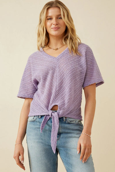 Leandra Textured Ribbed Tie Front V Neck Top