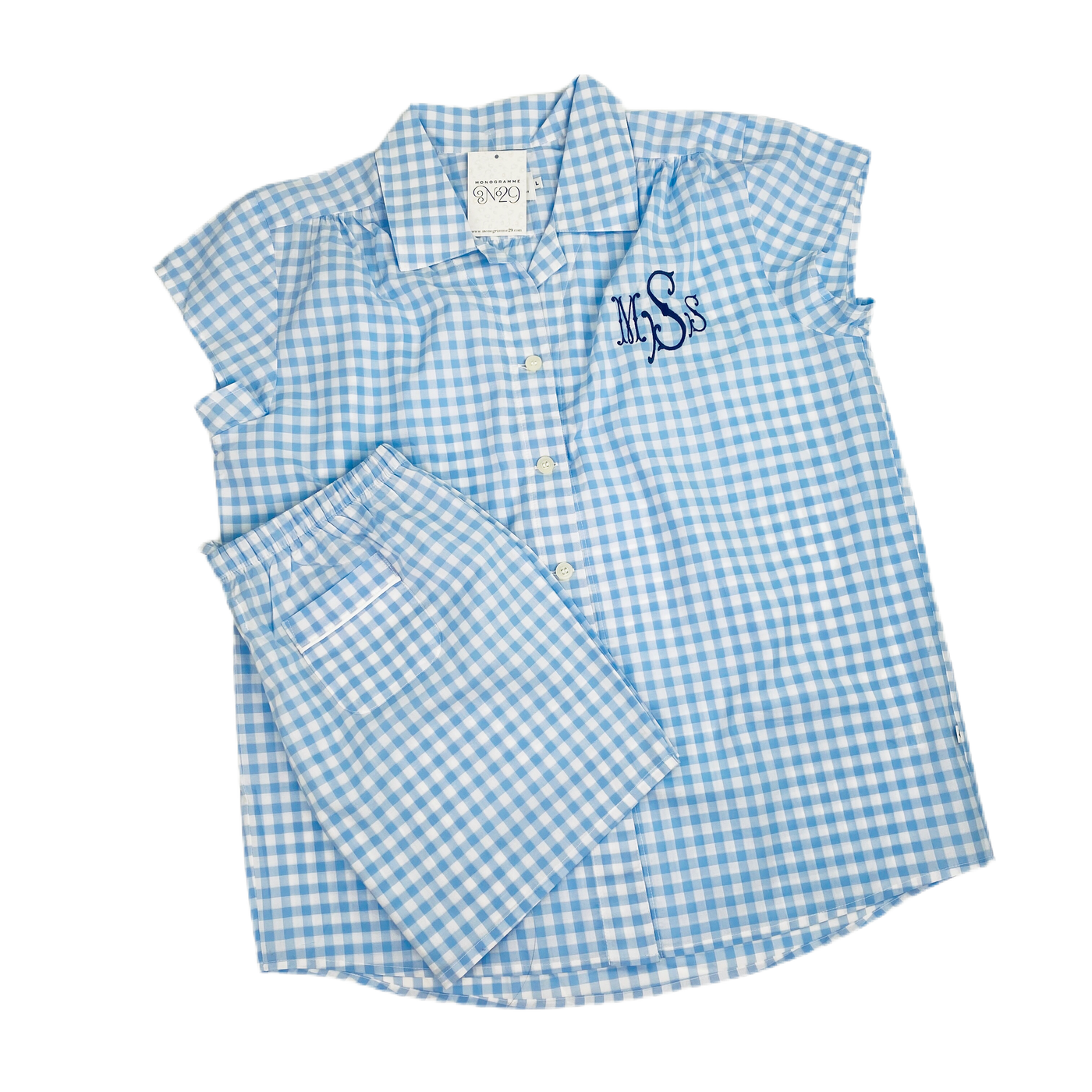 Light Blue Checkered Short Set in Pima Cotton