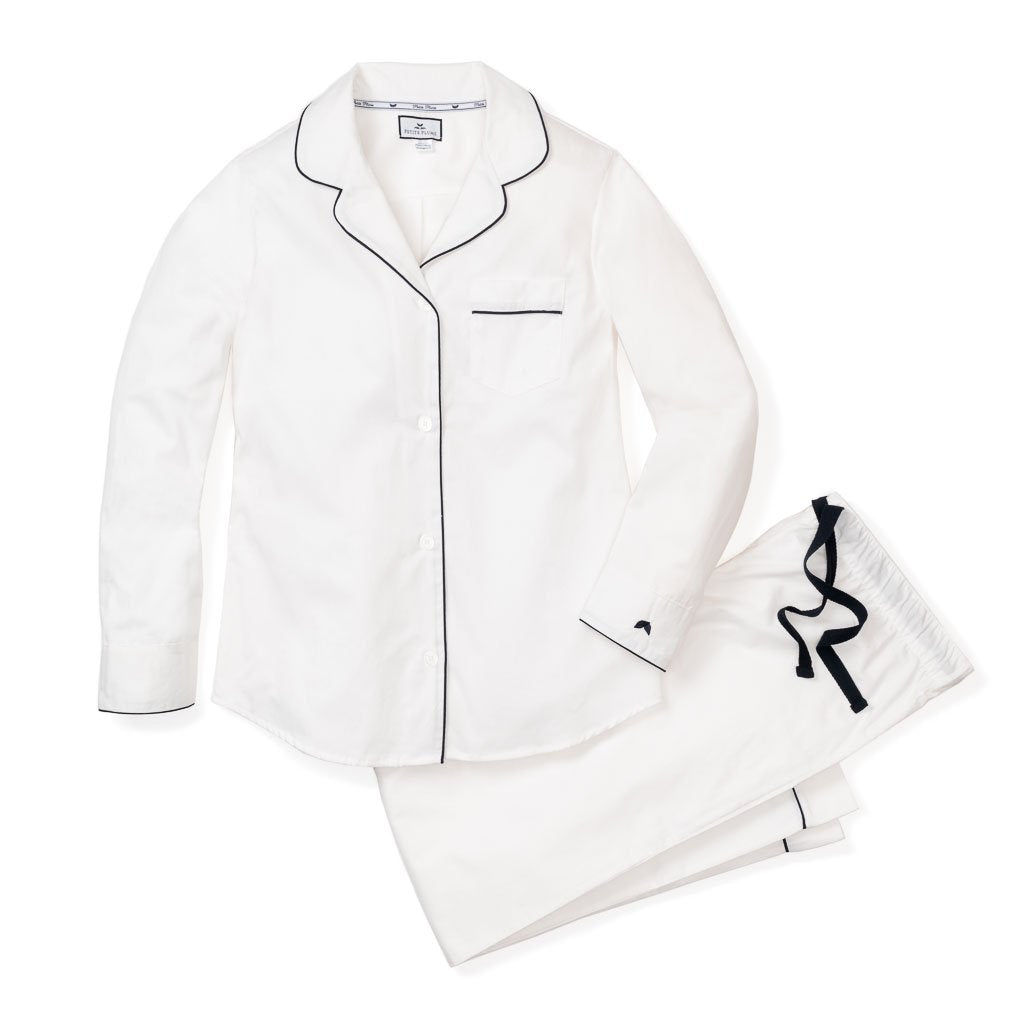 Classic White Twill Pajama Pant Set W/ Navy Piping