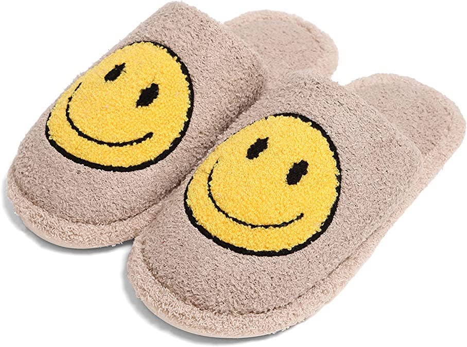 Plush Slippers - Smiley Face Beige