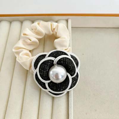 Hair Scrunchie- Ivory with black flower and pear