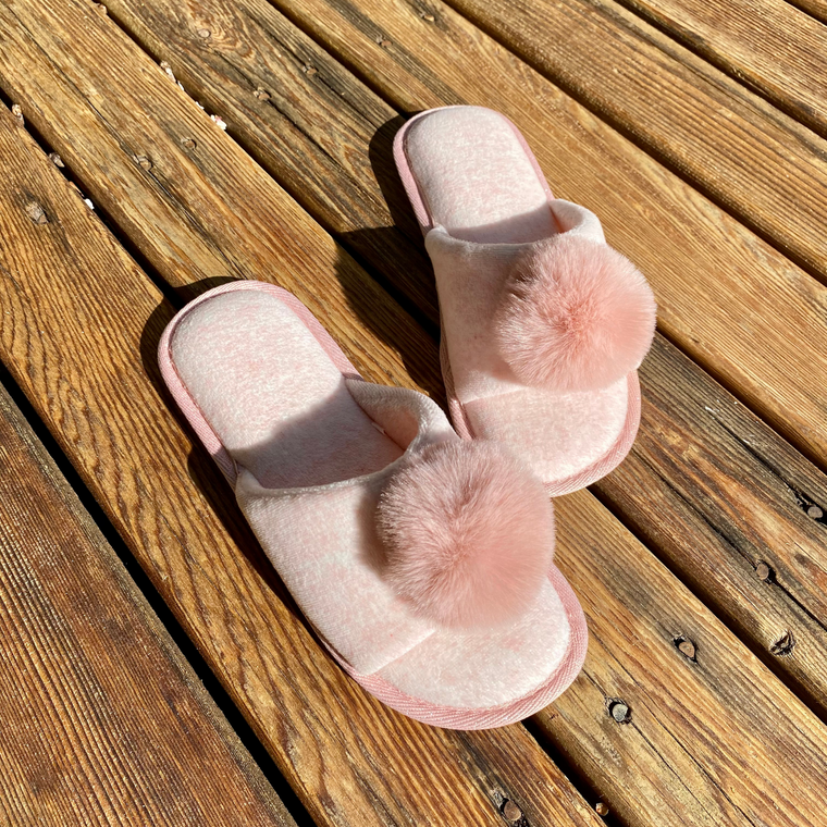 Ladies Open Toe Slippers with Fluffy Pom Pom