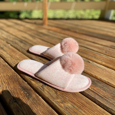 Ladies Open Toe Slippers with Fluffy Pom Pom